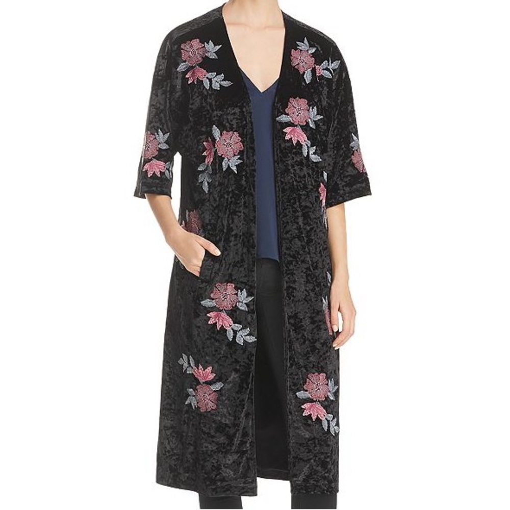 NWT Billy T Embroidered Floral Crushed Velvet Robe Kimono Duster Jacket - Picture 10 of 16